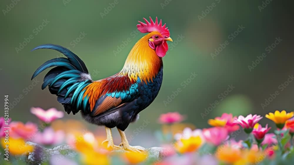 Vibrant rooster strutting among colorful blossoms in a lush garden. 2029 year rooster, calendar