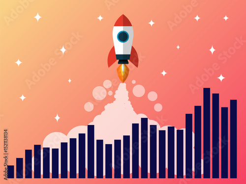Rocket launching with rising bar chart symbolizing growth and success in business
