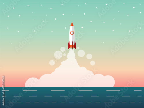 Rocket launch with smoke over ocean and starry sky in colorful background