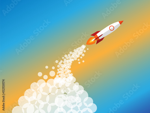 Rocket flying with smoke trail in colorful sky with orange and blue gradient