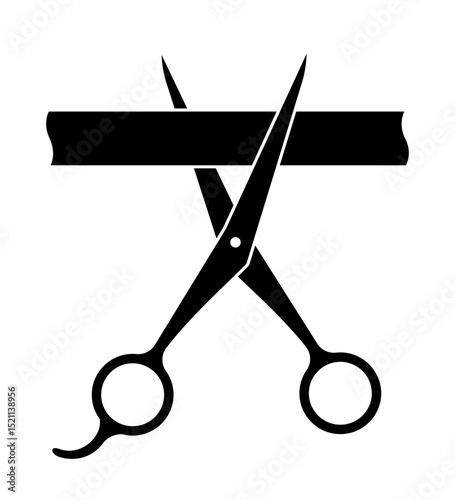 Design icons of the great discovery. Icon of the opening ceremony. Cut ribbon sign. Scissors cutting tape, black badge. Vector illustrations EPS10