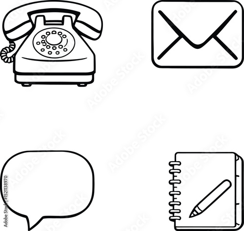 Communication Symbol Set Featuring Four Classic Icons: A Vintage Rotary Telephone, A Mail Envelope, A Speech Bubble for Conversation, and A Notebook with a Pencil—Representing Messaging, Dialogue,