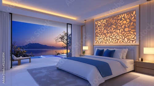 Contemporary bedroom features stunning sunset view and luxurious decor