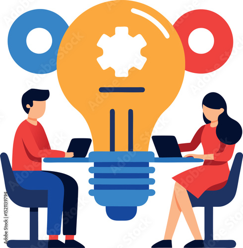 Employees Sitting Around a Lightbulb Shaped Table Brainstorming