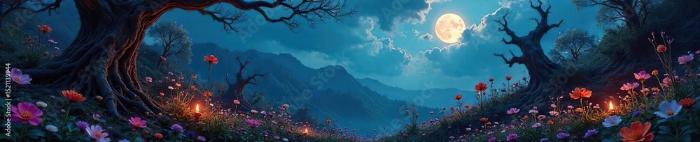 Obraz premium A mystical garden overflowing with vibrant herbs, unusual flowers, and strange, gnarled plants under a twilight sky Perfect for Halloween, fantasy, or magical themes , stars, mystery, halloween
