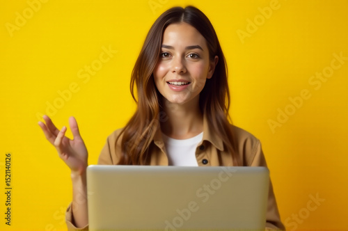 A woman sits at a table with a laptop open, likely working or studying