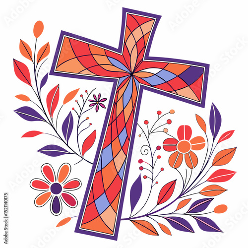 Floral Cross Design, Orange and Purple Hues, Christian Symbol