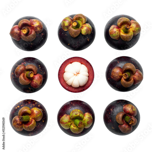 Mangosteen fruit arranged in grid pattern, one cut open
