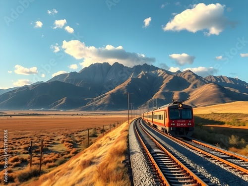 Hermoso destino de viaje con tren, naturaleza y cielo brillante