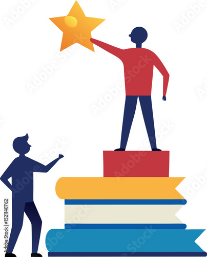 Mentor and Mentee Standing on Stacked Books Reaching Higher