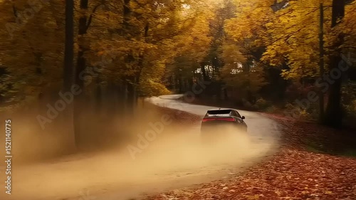 Black SUV speeding through autumn forest, kicking up leaves and dust in vibrant surroundings
