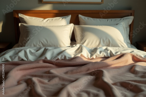 A cozy bedroom scene featuring a bed with two white pillows and a pink blanket
