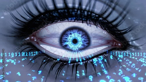 Close up of human eye with glowing digital iris and binary code overlay. Futuristic concept of biometric scanning, cybersecurity, digital identity, artificial intelligence