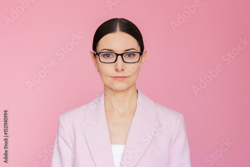 Portrait of young pretty Caucasian businesswoman wearing glasses and a pink suit on a pink background looking at camera 