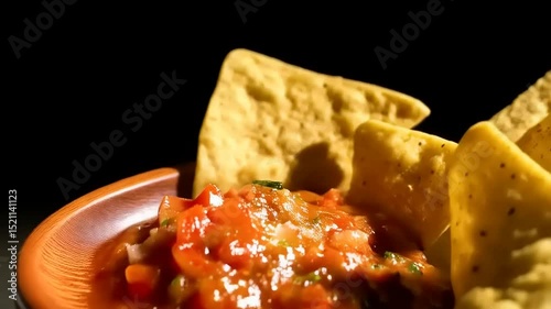 Bowl of salsa with tortilla chips, highlighted against a dark background, inviting snack scene
