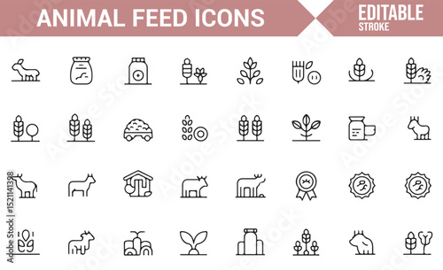 Collection of Animal Feed and Agricultural Icons for Farming and Pet Care

