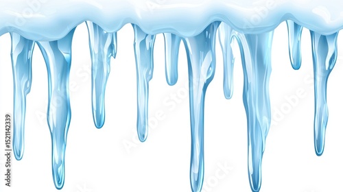 Row of shimmering blue icicles hang from a snowy ledge