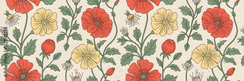 Seamless Vintage Floral Pattern with Coral Poppies and Sage Green Leaves on Cream Background