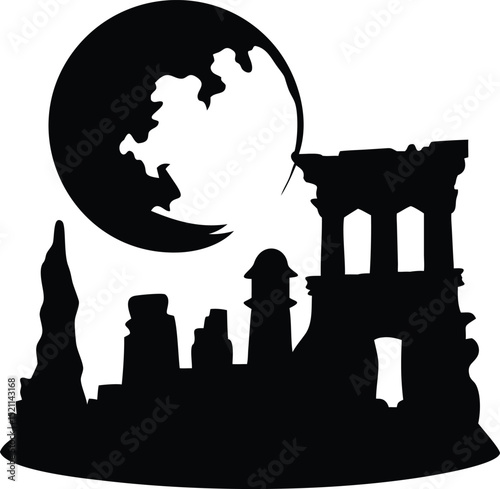 Ancient Ruins Under Full Moon – Mysterious Night EPS Vector Illustration