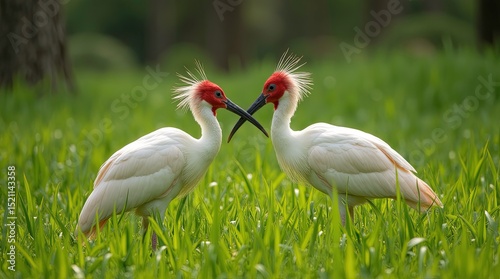 Stunning white ibises Couple at Sunrise in greenery, Majesty of these Majestic Birds Amidst Golden Grasses
