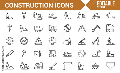 Collection of Icons for Heavy Machinery, Tools, and Construction Site Safety