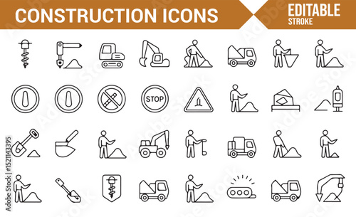 Set of Construction Tools and Equipment Icons for Building and Roadwork Projects