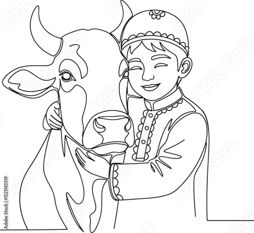 Eid al-Adha line drawing, the celebration of Muslim community festival design. Eid Mubarak greetings concept. Love and affection concept line drawing. The celebration of Muslim sacrifice animal.