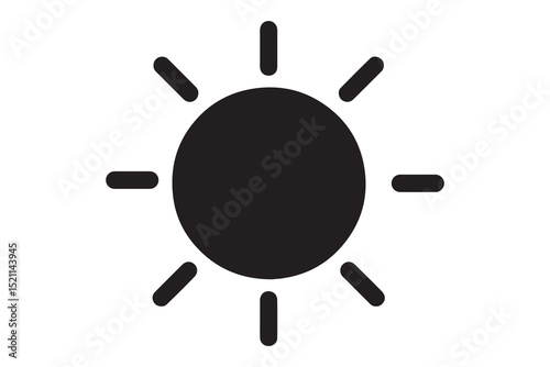 A simple black sun icon with rays on a plain white background image