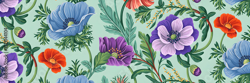 Vibrant Floral Pattern with Blue, Purple, and Orange Flowers on Mint Green Background