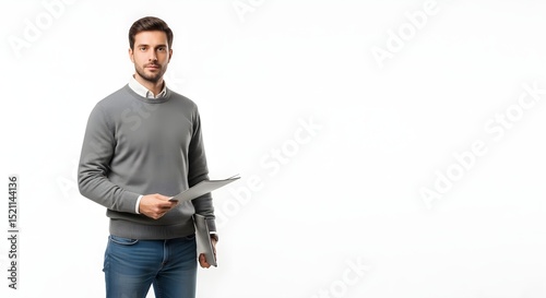 A confident and poised business professional holds a document, exuding competence and ready for action. with a modern and minimalistic aesthetic.