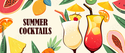 Summer cocktails background. Summer refreshing drinks and fruits. Vector illustration.
