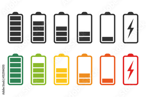 Battery charge graphic icon set. Level battery charging signs isolated on white background. Vector illustration