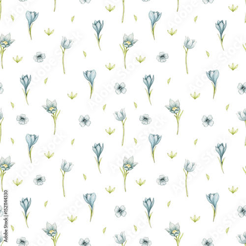 Seamless pattern with blue spring flowers, leaves and greens isolated on white background. Watercolor hand drawn illustration