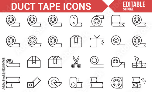 Collection of Duct Tape, Box, and Scissors Icons for Fixing and Packaging