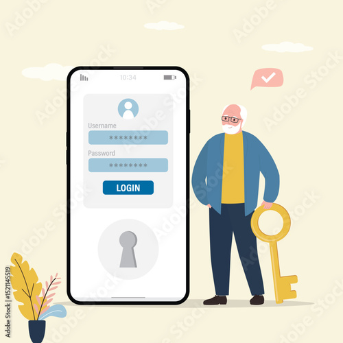 Elderly man create new account, registration page on cellphone screen. Aged user hold big key. Account access, information, login and password. Activation and unlocking account