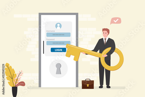 Male character create new account, registration page template. Businessman user hold big key. Closed door with account information and password. Secure login
