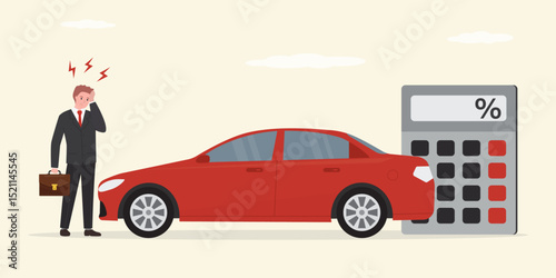 High interest rates on loan or cost of car. Unhappy buyer thinking about buying an expensive vehicle. Auto credit calculator. Modern red car.