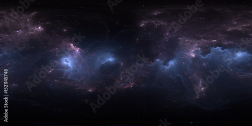Fototapeta Naklejka Na Ścianę i Meble -  360 degree space nebula. Giant interstellar cloud with stars, equirectangular projection, environment map. Spherical panorama. 3D rendering, Fractal image