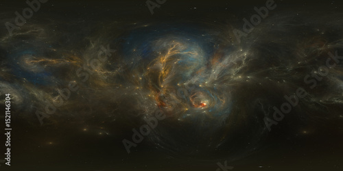 Fototapeta Naklejka Na Ścianę i Meble -  360 degree space nebula. Giant interstellar cloud with stars, equirectangular projection, environment map. Spherical panorama. 3D rendering, Fractal image