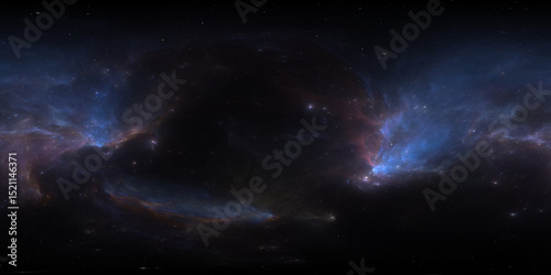 Fototapeta Naklejka Na Ścianę i Meble -  360 degree space nebula. Giant interstellar cloud with stars, equirectangular projection, environment map. Spherical panorama. 3D rendering, Fractal image