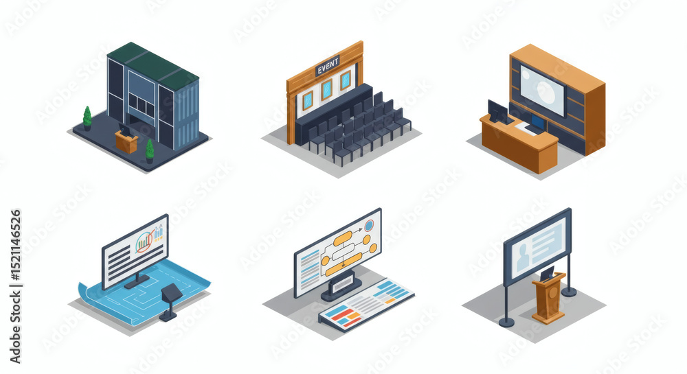 Naklejka premium Isometric Illustrations Conference Room, Presentation, Lecture Hall, and Office Settings