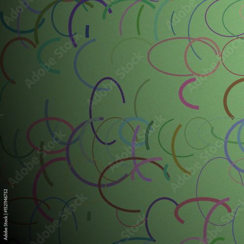 Colorful Abstract Pattern of C-Shaped Lines Over a Textured Green Backdrop.
