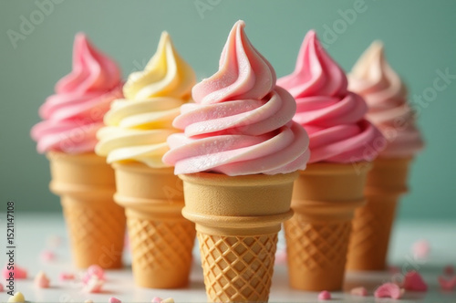 A row of colorful ice cream cones sitting on a table, perfect for parties or events