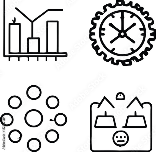 Business & Productivity Symbol Set Featuring Four Distinct Icons: A Bar Chart with an Overlaying Line Graph, A Gear with a Clock Face Inside, A Network of Connected Nodes in a Circular Pattern,