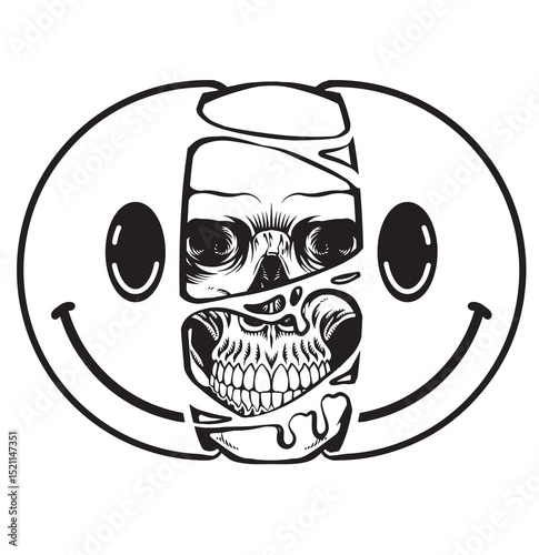 line art smiling skull skeleton smiling face. Half skull emoticons, emojis with logo illustration with premium quality vector