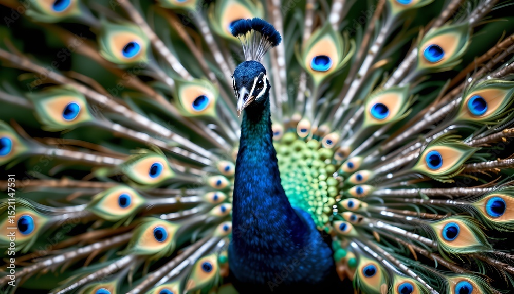 Obraz premium Majestic Peacock Displaying Vibrant Plumage Close Up View of Detailed Feathers
