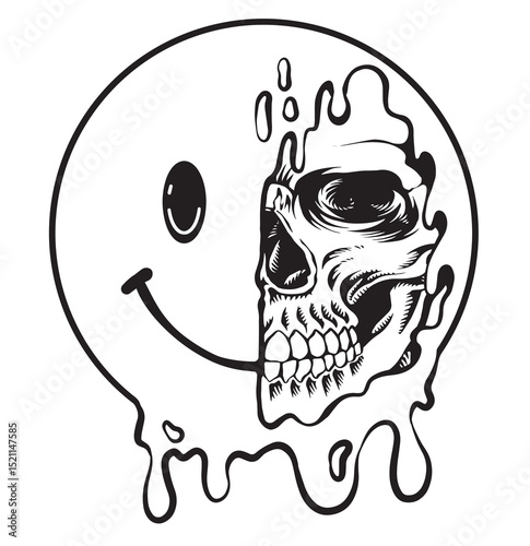 line art smiling skull skeleton smiling face. Half skull emoticons, emojis with logo illustration with premium quality vector
