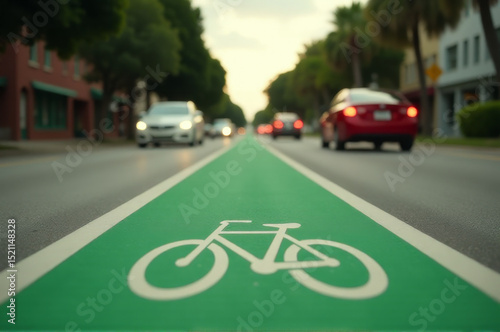 A green bike lane with a white bicycle painted on it