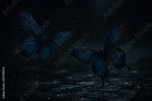 Two Dark Blue Butterflies Hovering Over a Dimly Lit Wet Surface with Water Droplets