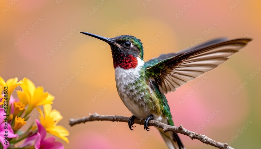 Fototapeta premium Vibrant Hummingbird with Wings Spread Perched on Branch near Flowers